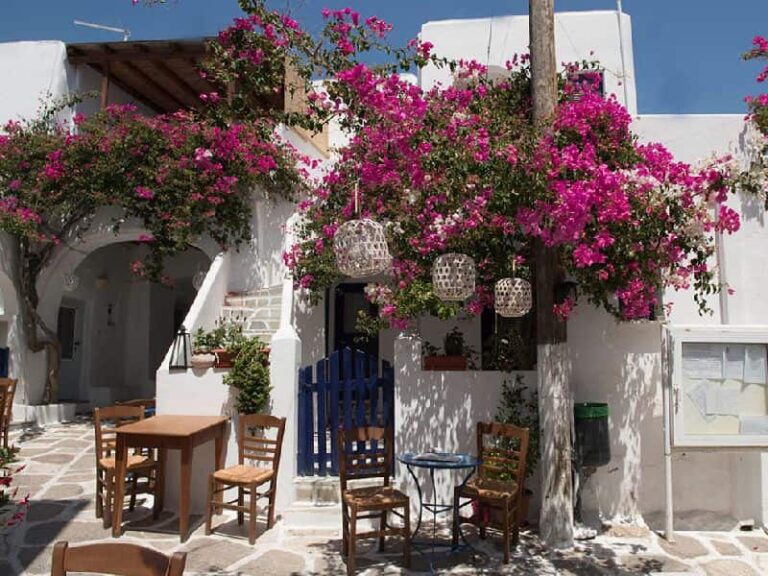Beautiful village corner in Prodromos Paros with bougainvillea and white buildings