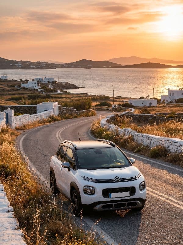 White rental car parked on curved asphalt road in Paros during warm summer sunset